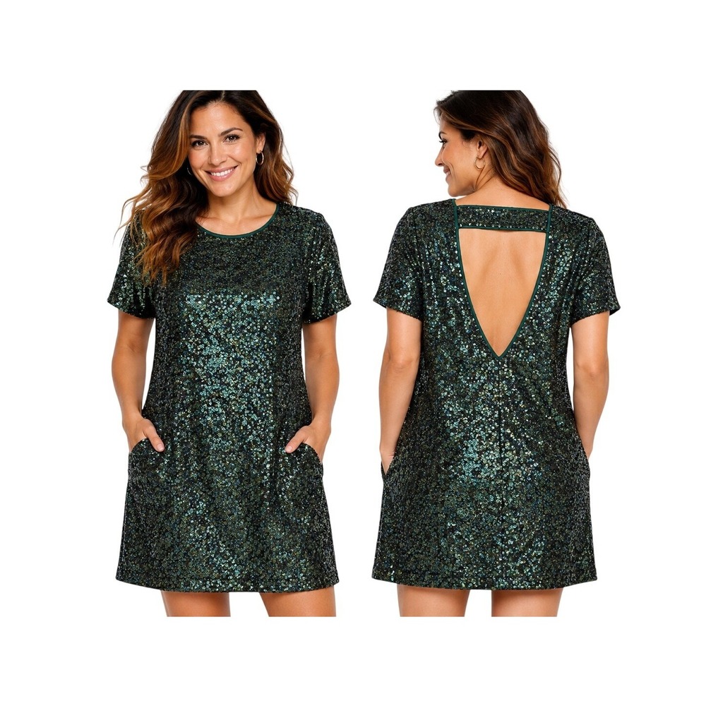 In Loom Sequin Mini Dress Womens M Hunter Green Open Back Holiday Cocktail Party